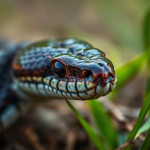 Close-up of a snake in its natural habitat, taken with a Canon EOS R5, 85mm lens, f/2.8 aperture, ISO 100, 1/200 sec shutter speed, shallow depth of field, natural lighting, macro photography style.