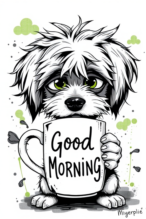 A quirky, artistic illustration of a disheveled peekapoo dog breed with exaggerated, large eyes and spiky fur, holding a coffee mug that reads "Good Morning". The dog has a tired but humorous expression, with ink splatters and abstract details surrounding it, giving a whimsical feel to the image. The color palette is mostly monochrome with hints of green in the eyes and steam rising from the mug, enhancing the overall sleepy vibe