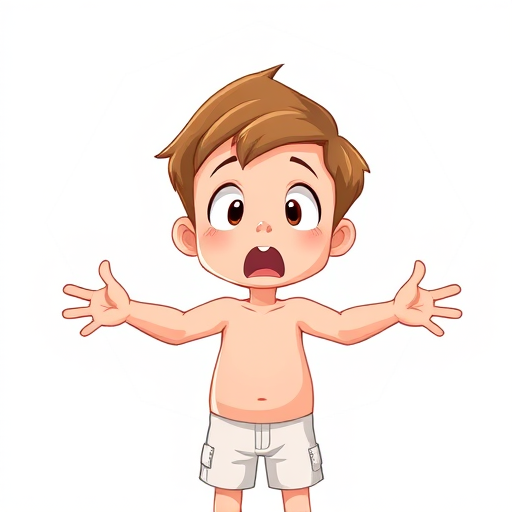 Create a cartoon-style illustration of a surprised young boy with short brown hair, standing with arms wide open, wearing white shorts, set against a soft-focus white hexagonal background, using a high-resolution digital camera (f/4 aperture, 1/60s shutter speed, ISO 100) from a frontal view.