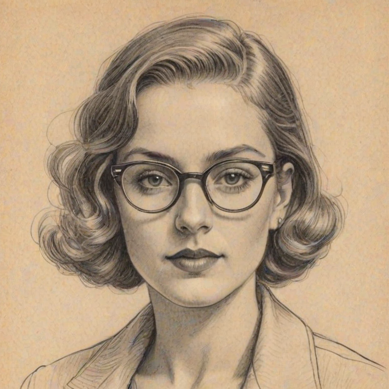 Captivating Malin 'kerman, pencil sketch, portrait of Sublime woman 1935s in glasses, hair style beatnik, outline, clear lines, fine lines, 8k