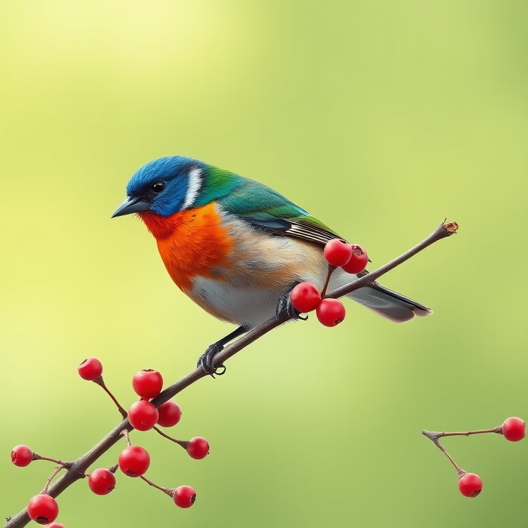 Create a digital illustration of a colorful bird perched on a branch with berries, soft green background, using a DSLR camera style, focal length 50mm, aperture f/2.8, ISO 100, high dynamic range to enhance colors and details.