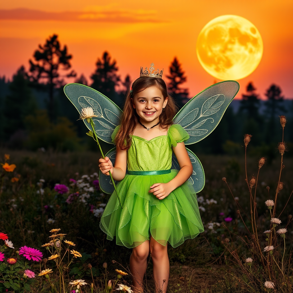 A vivid photo  taken under a bright camera flash of a fantastical scene set against a backdrop of a forest during sunset. The main subject is a girl dressed as a fairy, adorned with translucent wings and a green dress, holding a wand, her face is happy, and she wears a crown on her head. The forest behind her is a blend of flowers, shrubs and trees. The sky is painted in hues of orange and pink, with a large, glowing moon casting a warm glow over the scene. The overall color palette is dominated by earthy tones.