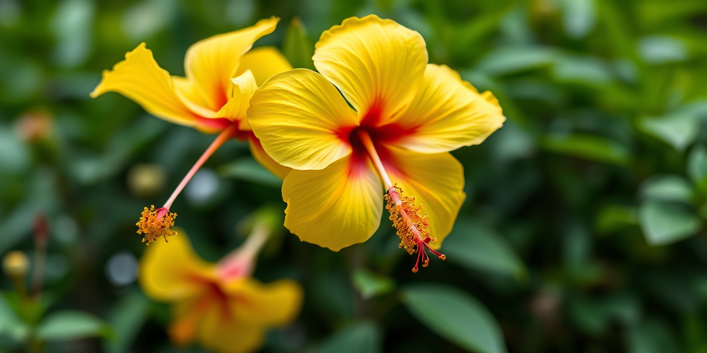 capture a close-up of vibrant yellow hibiscus flowers against a lush green backdrop using a macro lens, f/2.8 aperture, 1/200s shutter speed, ISO 100, natural light, shallow depth of field for a soft background blur