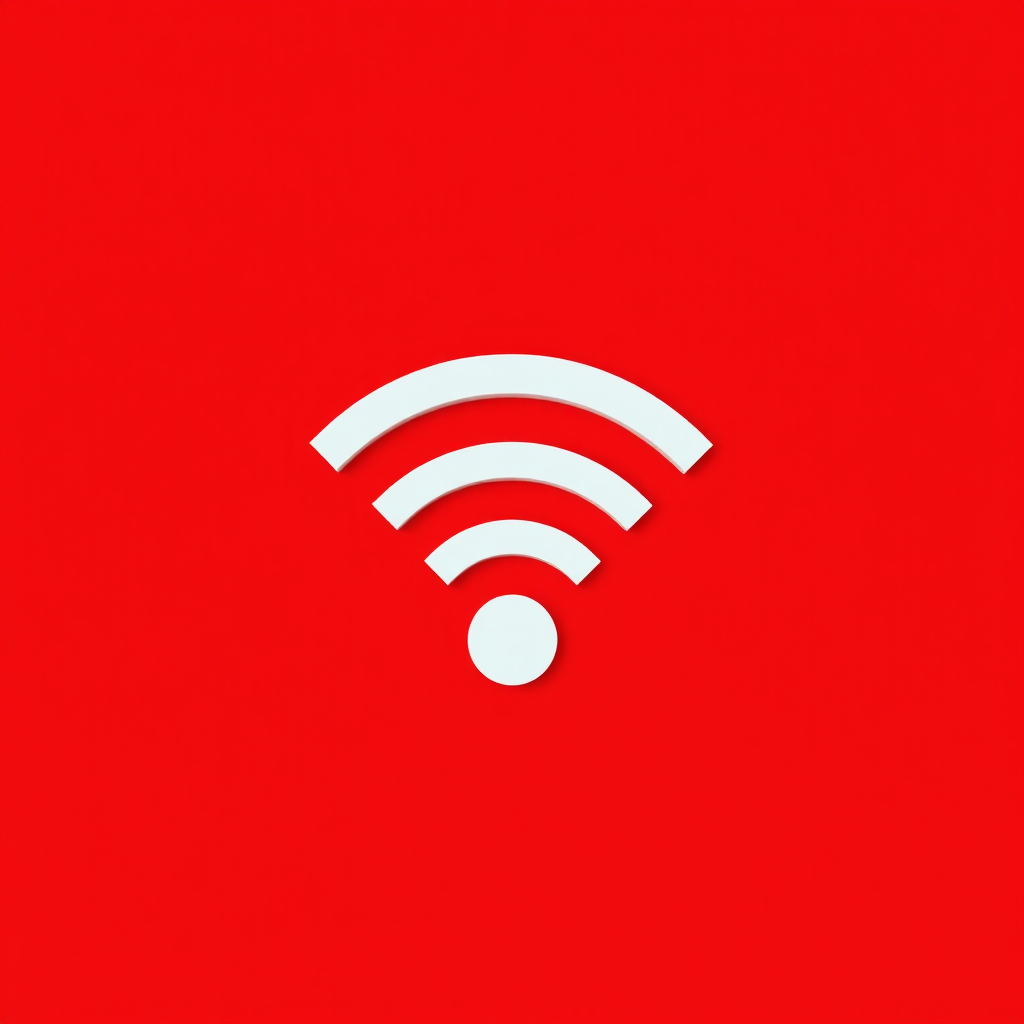 Create a minimalist design of a white Wi-Fi symbol on a solid red background, using a Canon EOS 5D Mark IV, aperture f/8 for sharpness, 50mm lens for a clear view, ISO 100 for optimal light quality, and soft lighting for a balanced contrast.