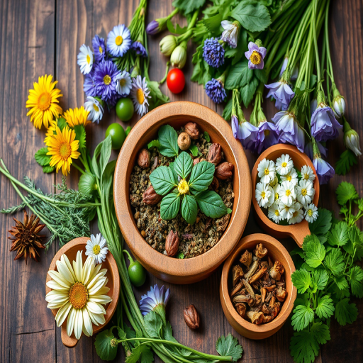 macro shot of various herbs and flowers arranged around wooden bowls on a rustic wooden surface, natural light, f/2.8 aperture, 50mm lens, ISO 100, shallow depth of field, top-down view, vibrant colors, enhanced details