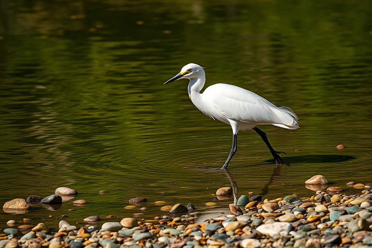 A white heron walking in shallow water with green reflections surrounded by pebbles, shot with a Canon EOS 5D Mark IV, 200mm lens, aperture f/4, ISO 100, natural sunlight, shallow depth of field.