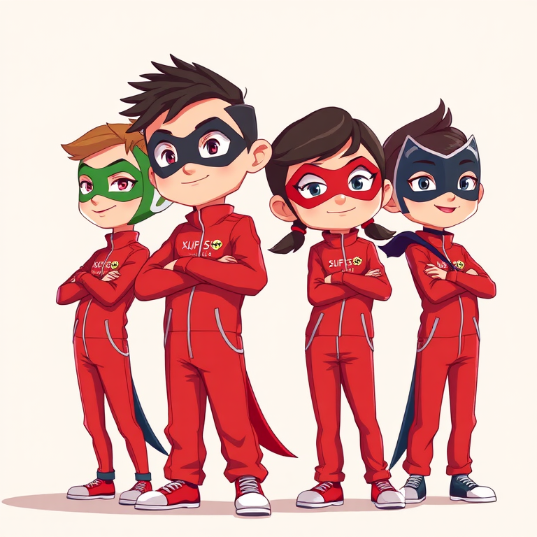 Design an illustration of four stylized characters in red jumpsuits with unique mask designs standing in playful poses, featuring a close-up view, sharp focus, high-resolution vector style, using an illustrative camera type with a 50mm lens, f/1.8 aperture, and soft lighting for enhanced vibrancy.