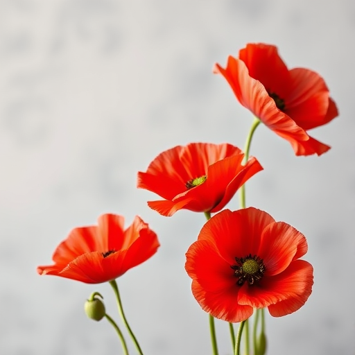 Create a vibrant still life image of red poppy flowers against a soft gray background, using a DSLR camera with an aperture of f/2.8, ISO 100, and a focal length of 50mm, capturing in a macro photography style for enhanced detail and quality.