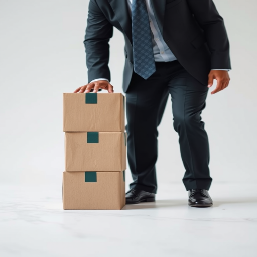 create an image of a businessperson in a suit lifting several stacked cardboard boxes with a minimalist background focus on depth of field, using a DSLR camera with an aperture of f/2.8, ISO 100, and a focal length of 50mm to enhance clarity and detail