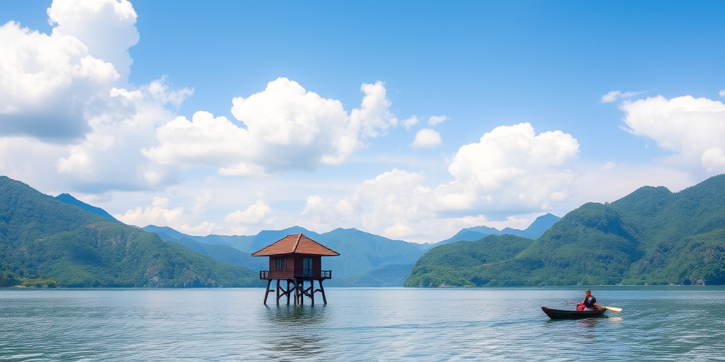 a serene landscape featuring a traditional wooden pavilion on stilts in a calm lake surrounded by lush green hills and mountains under a bright blue sky with fluffy clouds, and a person in a boat paddling nearby