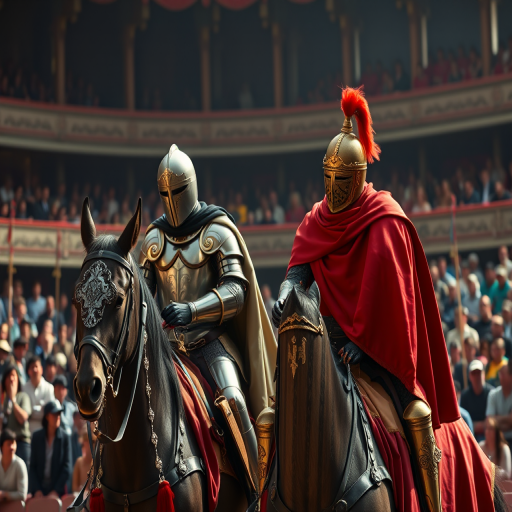 high-resolution image of two knights on horseback wearing ornate armor and capes in a theater setting filled with spectators, use a DSLR camera with a 50mm lens, aperture f/1.8, ISO 200, shutter speed 1/250s, in natural lighting for enhanced clarity and detail.