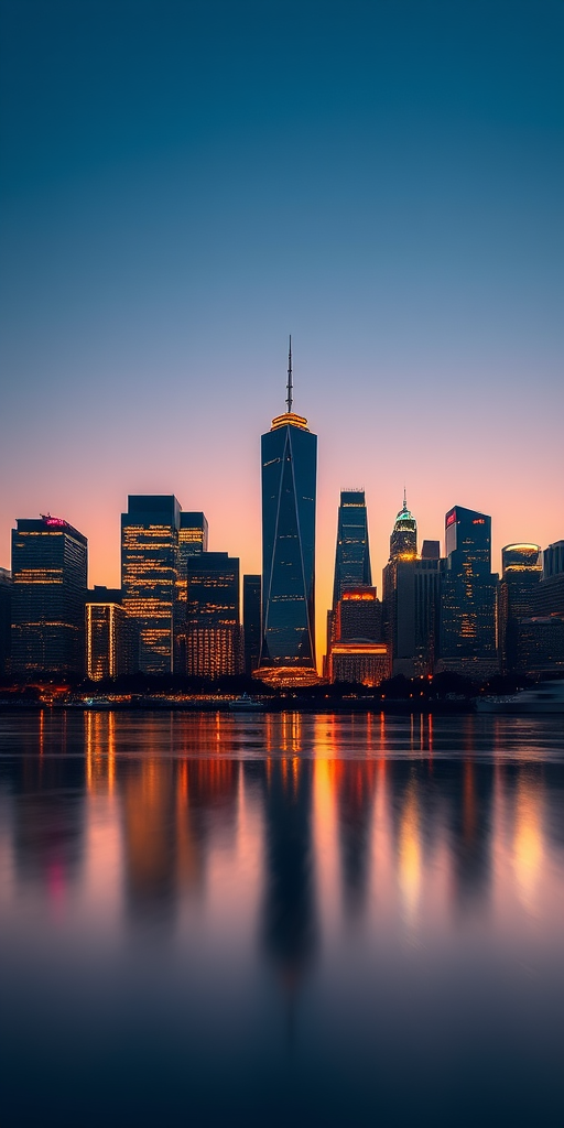 Capture a stunning skyline view of a modern city at dusk with a long exposure setting of 10 seconds, f/11 aperture, ISO 100, using a full-frame DSLR camera, wide-angle lens, and a tripod for stability to enhance image quality and achieve smooth water reflections.