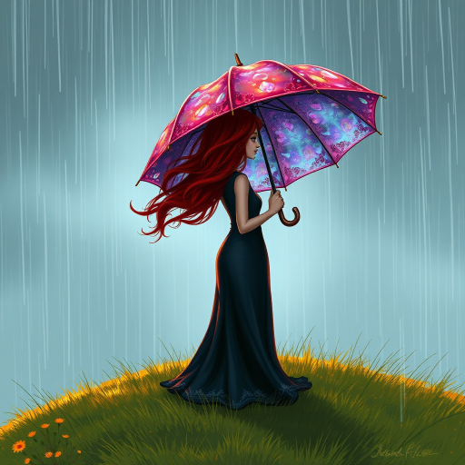 A surreal hand-drawn digital artwork depicting a mysterious red-haired woman standing on a grassy hill under the rain. She holds an umbrella crafted from iridescent zircon, its vibrant sheen contrasting with the soft, rainy atmosphere. The scene feels dreamlike, blending the natural elements of the hill and rain with the otherworldly shimmer of the umbrella.
