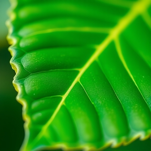 a high-resolution illustration of a shiny green leaf, macro view, with a soft focus background, taken with a DSLR camera at f/2.8 aperture, ISO 100, exposure time 1/200s, using a 50mm lens to enhance detail and vibrancy