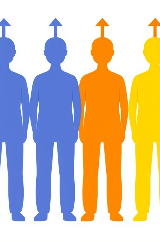 Create a minimalist vector illustration featuring five stylized human figures in a row, each in a different color (blue, pink, orange, green, yellow), facing forward, with arrows indicating motion above their heads, shot with a Nikon D850 at f/8, ISO 100, 50mm lens, with a clean white background and high contrast lighting.