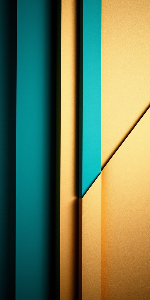 Create an abstract image featuring vertical and horizontal lines in teal and gold, using a high-resolution DSLR camera, f/8 aperture, 1/250 shutter speed, ISO 100, shot from a slight diagonal angle to enhance depth and texture.