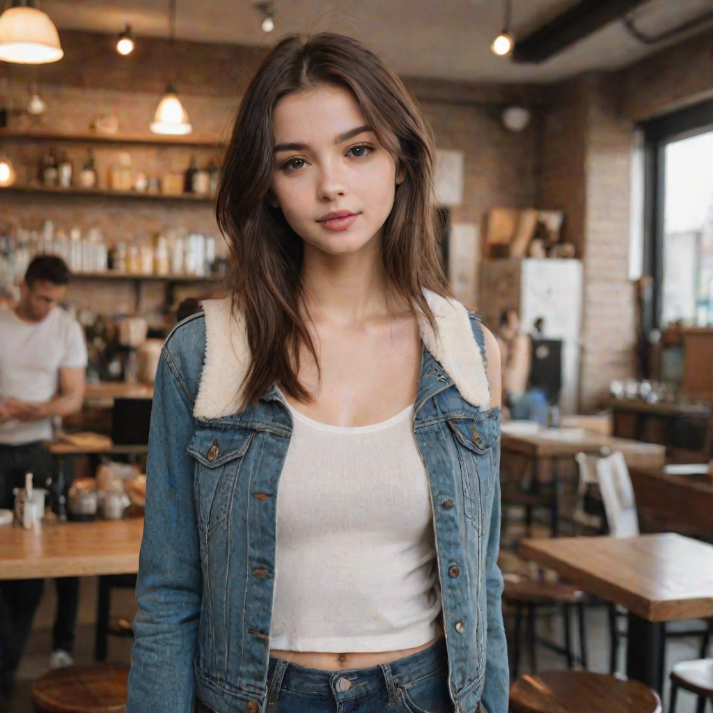 score_9, score_8_up, score_8, score_7_up, score_7, score_6_up, score_6, score_5_up, score_5,  21 year old 1girl, beautiful face, cute girl, gorgeous, supermodel, dark brown eyes, shoulder-length straight hair, parted in the middle, furry denim jacket, white tank top, makeup. Pale smooth Skin, coffee shop blurry background.