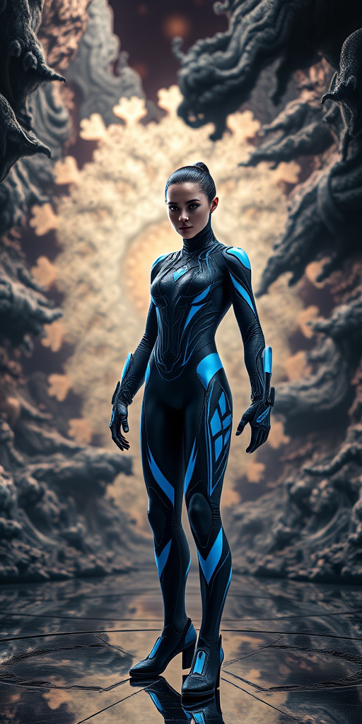 Create a futuristic character in a sleek black and blue bodysuit with glowing elements, standing confidently in a surreal, fractal-patterned background with intricate details, using a DSLR camera set to f/2.8, ISO 100, 50mm lens, with soft focus for depth and a wide-angle view to capture the full scene.