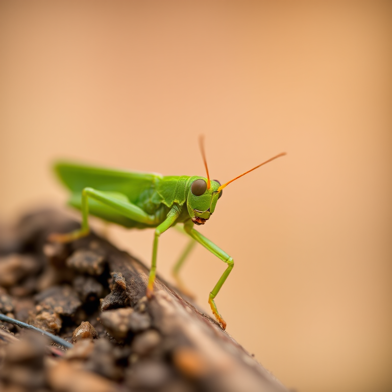 High-resolution macro photograph of a green grasshopper on a blurred natural background, shot with a Canon EOS R5, 100mm f/2.8L macro lens, f/5.6 aperture, ISO 200, 1/200 sec shutter speed, soft natural lighting.