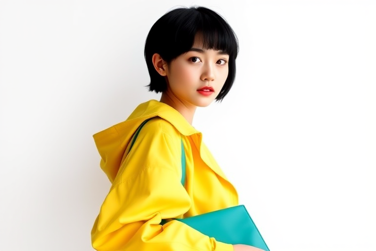 A fashionable young woman with short black hair wearing a yellow oversized jacket and holding a teal bag, standing against a white background, shot with a 50mm lens at f/2.8, ISO 100, natural lighting, high-resolution digital camera.