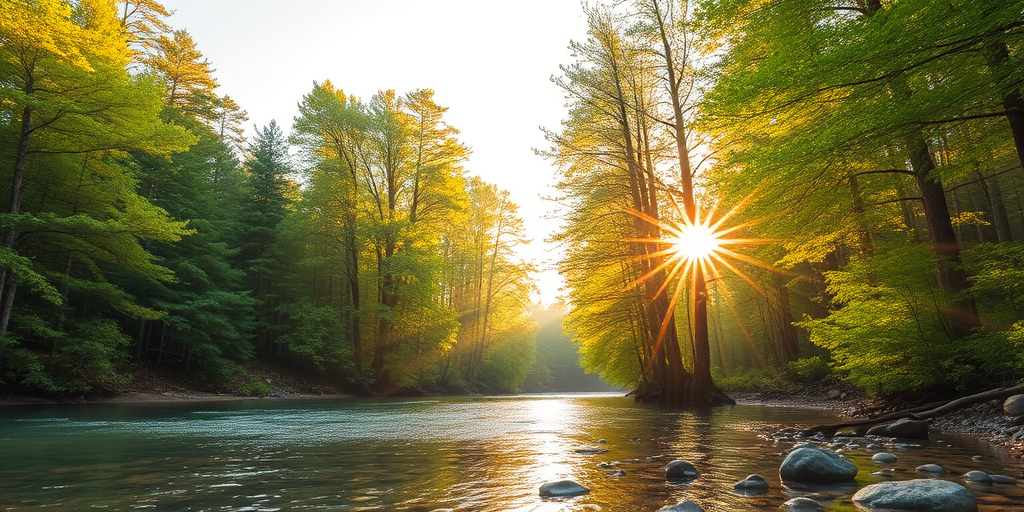 Create an image of a serene, sunlit forest scene with a clear, gently flowing river. Tall trees with lush green foliage line both sides of the river, their leaves bathed in the warm golden light of the setting or rising sun. The sunlight filters through the trees, casting soft, dappled light on the river, which flows over smooth rocks and pebbles, creating a peaceful, natural atmosphere. The sky is bright with a few scattered clouds, and the overall mood is tranquil, evoking a deep sense of connection with nature. The image captures the beauty of a calm, pristine forest landscape at either dawn or dusk.