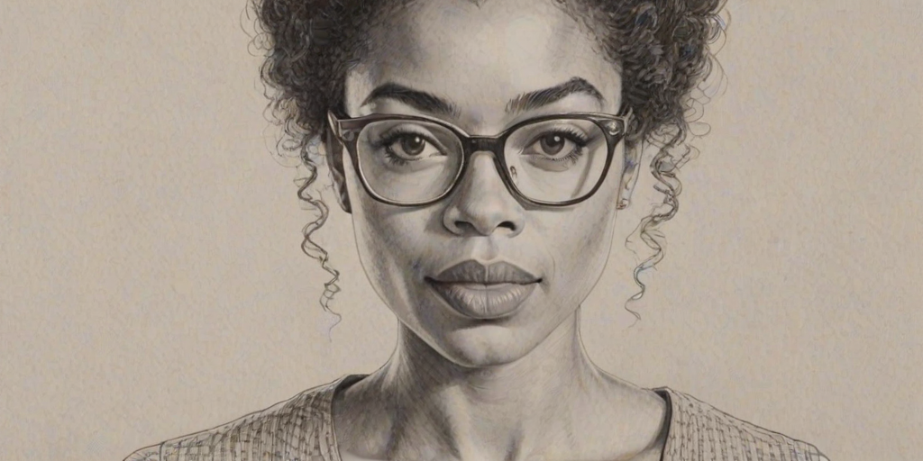 Splendid Sophie Okonedo, pencil sketch, portrait of Superb woman 1960s in glasses, hair style beatnik, outline, clear lines, fine lines, 8k