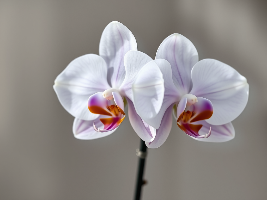 create a high-resolution image of two stylized orchids with flowing leaves in soft gray tones, taken with a DSLR camera at f/2.8, 1/100 sec, ISO 100, in a close-up view with natural lighting to enhance detail and depth.