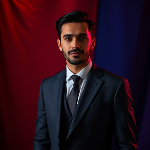 portrait of a man in a suit standing against a backdrop of red and blue fabric, dramatic lighting, captured with a Canon EOS R5, 50mm lens, f/1.8, ISO 100, 1/200 sec, soft focus on background, sharp focus on the subject