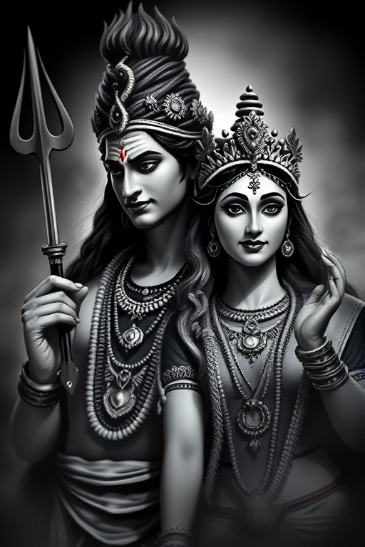 Create a highly detailed black and white illustration of Lord Shiva and Goddess Parvati, captured in soft focus with a Canon EOS R5, 85mm lens, aperture f/1.8, ISO 100, with dramatic chiaroscuro lighting and a slight vignette to enhance depth.