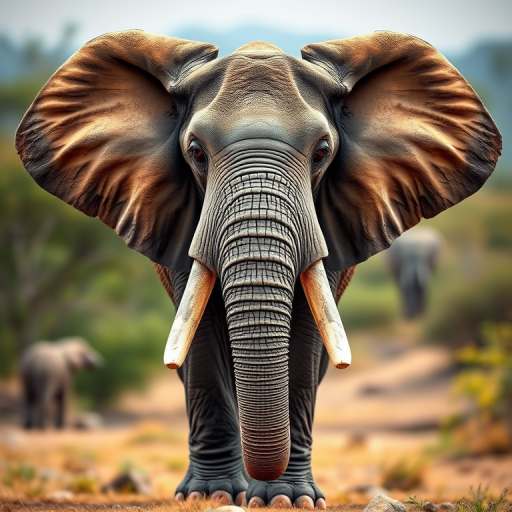 Create a detailed, high-resolution digital illustration of a majestic African elephant standing frontally, showcasing its large ears and tusks, using a soft focus background, with a camera setting of f/4 aperture, ISO 100, shot in natural light, using a DSLR camera style with a 50mm lens.