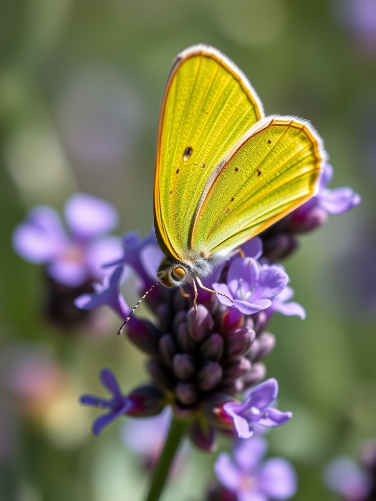 close-up of a green butterfly resting on purple lavender flowers, shallow depth of field, natural light, aperture f/2.8, shutter speed 1/500s, ISO 200, macro lens, DSLR camera