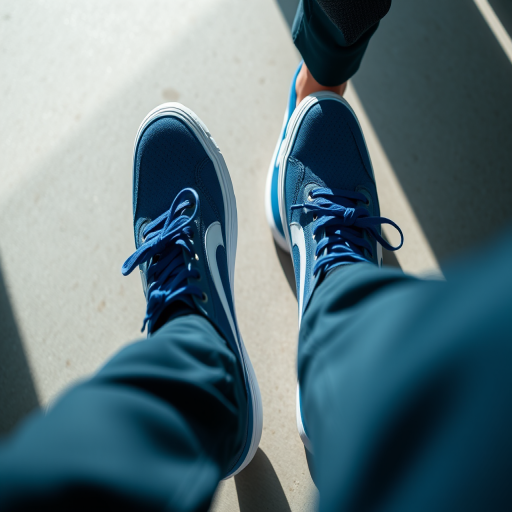 a pair of blue sneakers on a person's feet, captured from a high angle perspective with a shallow depth of field to focus on the shoes, using a Canon EOS 5D Mark IV, 50mm f/1.8 lens, aperture f/2.8, ISO 100, shutter speed 1/200s, natural light with soft shadow effect