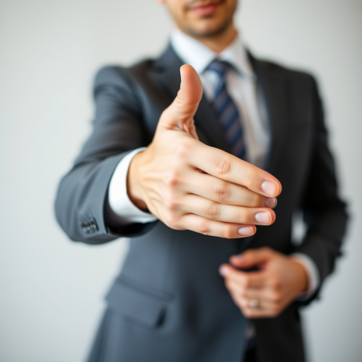 Create an image of a business professional extending a hand for a handshake against a neutral background, using a 50mm lens at f/1.8 aperture, ISO 100, with a shallow depth of field for a blurred background and soft lighting, captured with a DSLR camera.