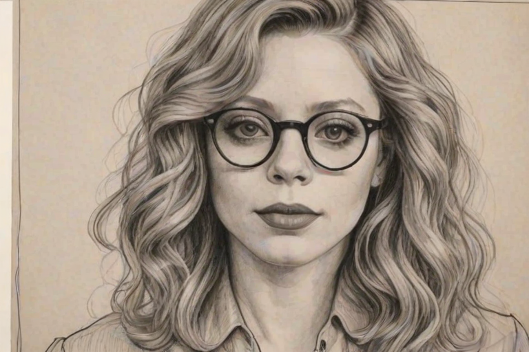 Stunning Natasha Lyonne, pencil sketch, portrait of Elegant woman 1926s in glasses, hair style beatnik, outline, clear lines, fine lines, 8k