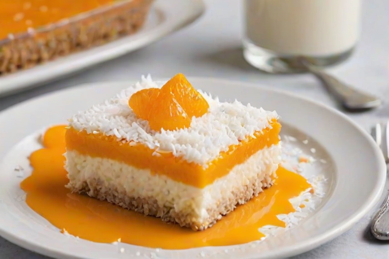 Create an image of a rectangular dessert with a glossy orange topping, garnished with shredded coconut. The dessert has a creamy, pale yellow interior and is sliced to show its layers. Place the dessert on a white plate with a silver knife beside it. The background should be simple and neutral to highlight the dessert.