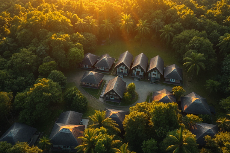 High-resolution aerial view of a serene village with thatched-roof houses surrounded by a dense forest, soft golden sunlight filtering through the trees, shot with a DSLR camera at f/8 aperture, ISO 100, 24mm lens, and a slight tilt-shift effect for enhanced depth of field.