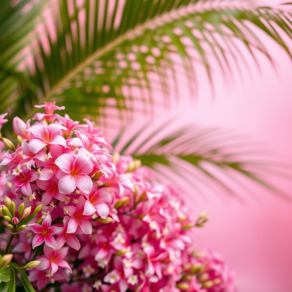 Create a vibrant floral background featuring a soft gradient from pink to light pink, with an abundance of delicate flowers and green palm leaves softly blurred in the background, using a Canon EOS 5D Mark IV with a 50mm f/1.8 lens at f/2.8, ISO 100, and a slight vignette for depth.