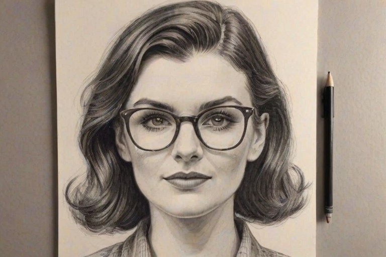 Superb Aisling Bea, pencil sketch, portrait of Fetching woman 1938s in glasses, hair style beatnik, outline, clear lines, fine lines, 8k