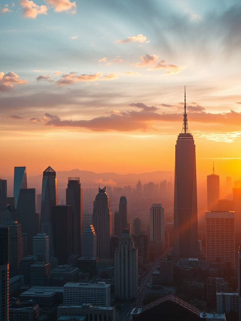 Create a high-quality image of a futuristic city skyline during sunset, using a DSLR camera with a 50mm lens, aperture set to f/8, ISO 200, 1/125 seconds exposure, and a wide-angle view to capture the full expanse of the skyline.