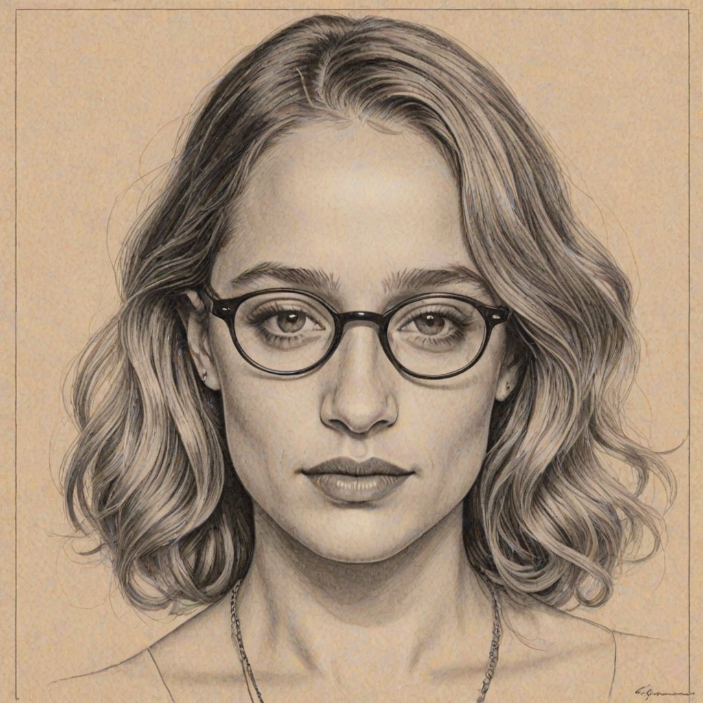 Enchanting Jemima Kirke, pencil sketch, portrait of Magnificent woman 1926s in glasses, hair style beatnik, outline, clear lines, fine lines, 8k