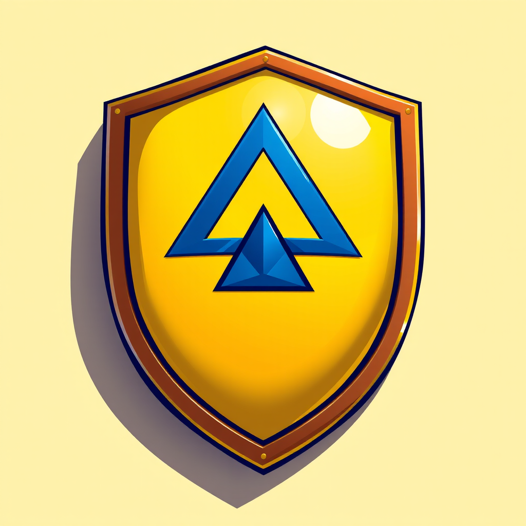 Create a vibrant and detailed illustration of a yellow shield with a blue triangular emblem at its center, using a high-resolution camera at 50mm focal length, f/8 aperture, with a soft-focus background to enhance the shield's features.