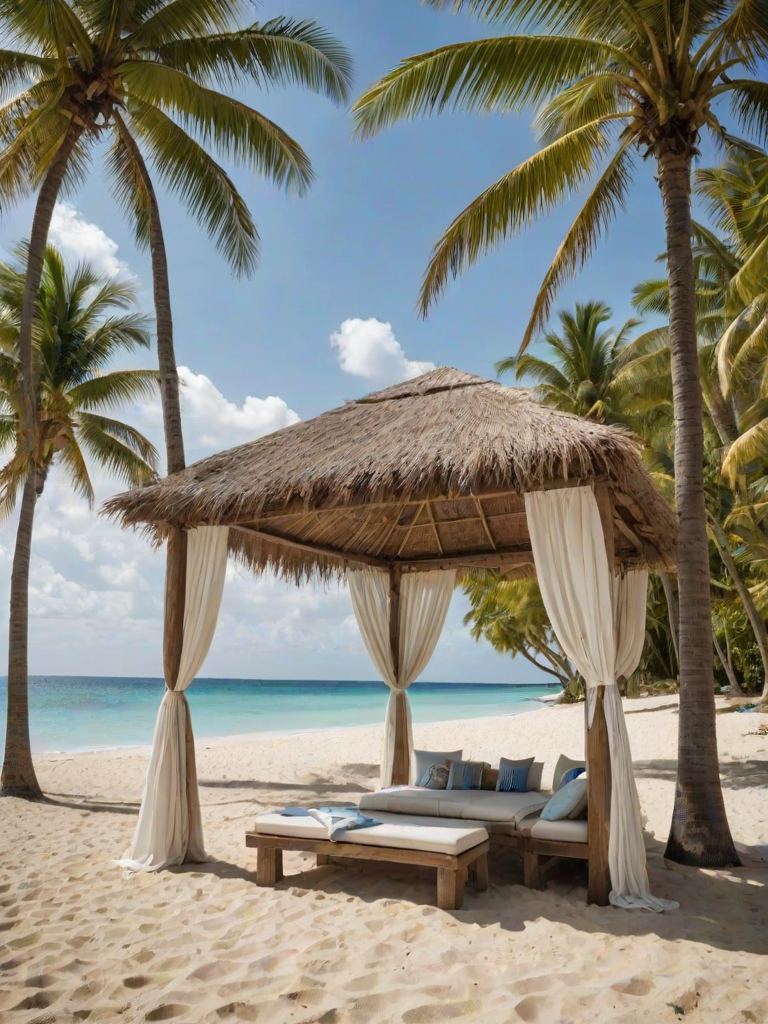 Create a picturesque tropical beach scene featuring a serene, white sandy shore. In the foreground, there's a rustic wooden canopy with white drapes gently flowing in the breeze. Underneath the canopy, a table is set with tropical decor, evoking a sense of relaxation and leisure. The beach extends into a calm, shallow water area with reflections of the sky and surroundings. Palm trees and lush greenery line the edge of the beach, providing a natural, tropical backdrop. The sky is clear with a few scattered clouds, and the overall atmosphere is tranquil and inviting, perfect for a peaceful retreat.