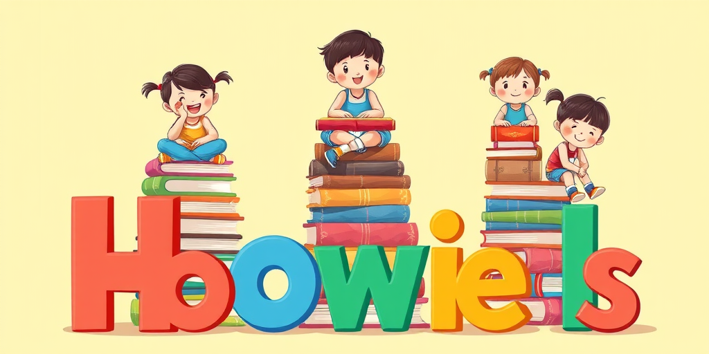 Create a vibrant illustration of children stacked on piles of books with playful expressions, surrounded by colorful letters in a whimsical font, using a Canon EOS R with a 35mm lens, aperture f/8 for sharpness, ISO 200 for clarity, and a bright pastel background to enhance contrast.
