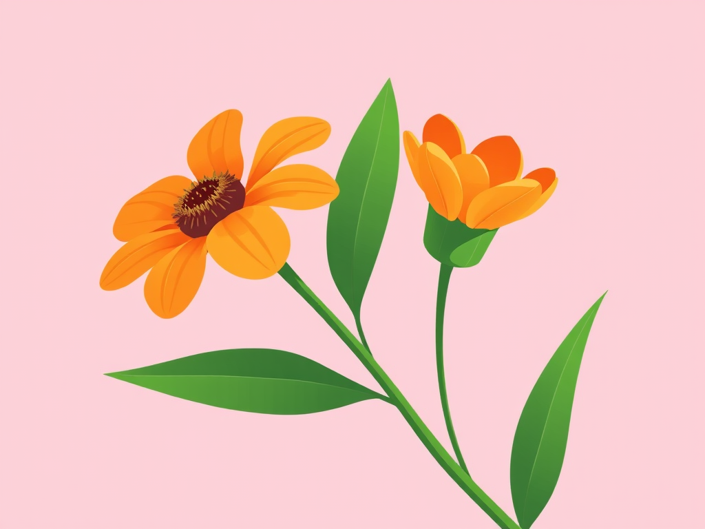 generate an illustration of two stylized flowers with orange petals and green leaves on a soft pink background, using a high-resolution digital art style, with a soft focus lens, aperture f/2.8, 50mm focal length, shot in natural light for enhanced colors and details