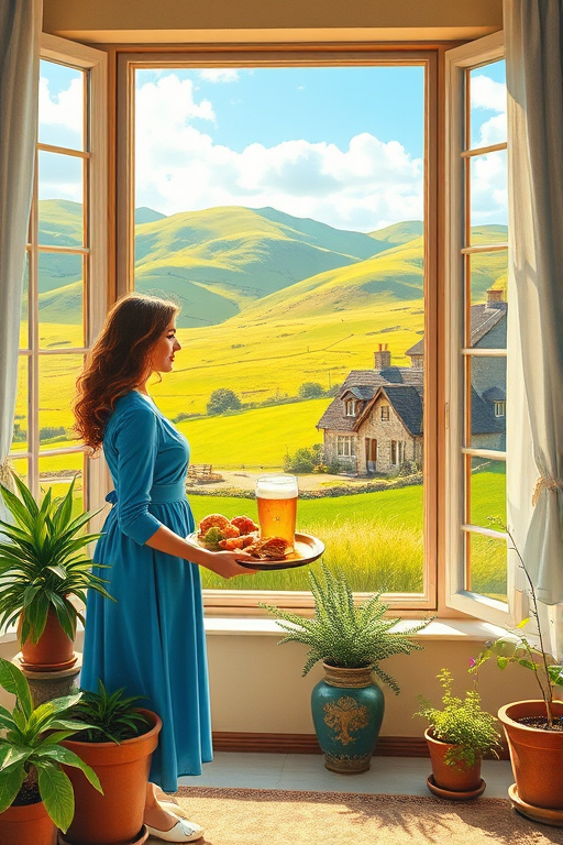 In "A Glass of Beer on the Highland," a serene scene is depicted in a sunlit room where a woman in a vibrant blue dress stands by a large window. She holds a tray with a hearty meal and a frothy glass of beer, embodying a moment of relaxation. Outside, the breathtaking highland landscape features rolling green hills and a charming traditional house, all bathed in warm afternoon light. The interior is adorned with potted plants, creating a harmonious blend of comfort and nature. The painting beautifully captures the tranquility and joy found in simple pleasures amidst stunning scenery