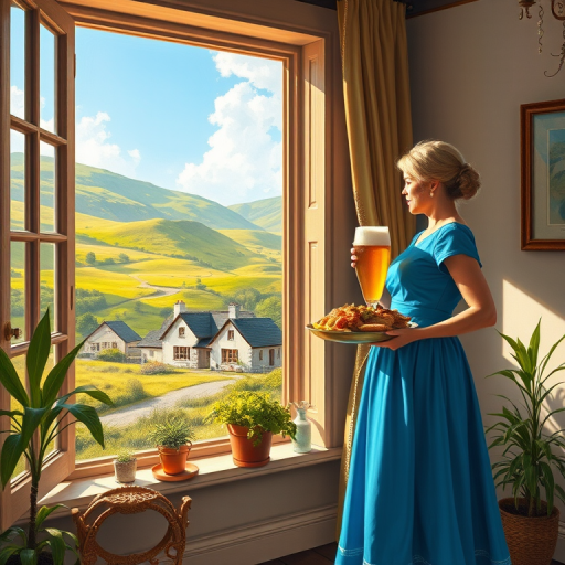 In "A Glass of Beer on the Highland," a serene scene is depicted in a sunlit room where a woman in a vibrant blue dress stands by a large window. She holds a tray with a hearty meal and a frothy glass of beer, embodying a moment of relaxation. Outside, the breathtaking highland landscape features rolling green hills and a charming traditional house, all bathed in warm afternoon light. The interior is adorned with potted plants, creating a harmonious blend of comfort and nature. The painting beautifully captures the tranquility and joy found in simple pleasures amidst stunning scenery