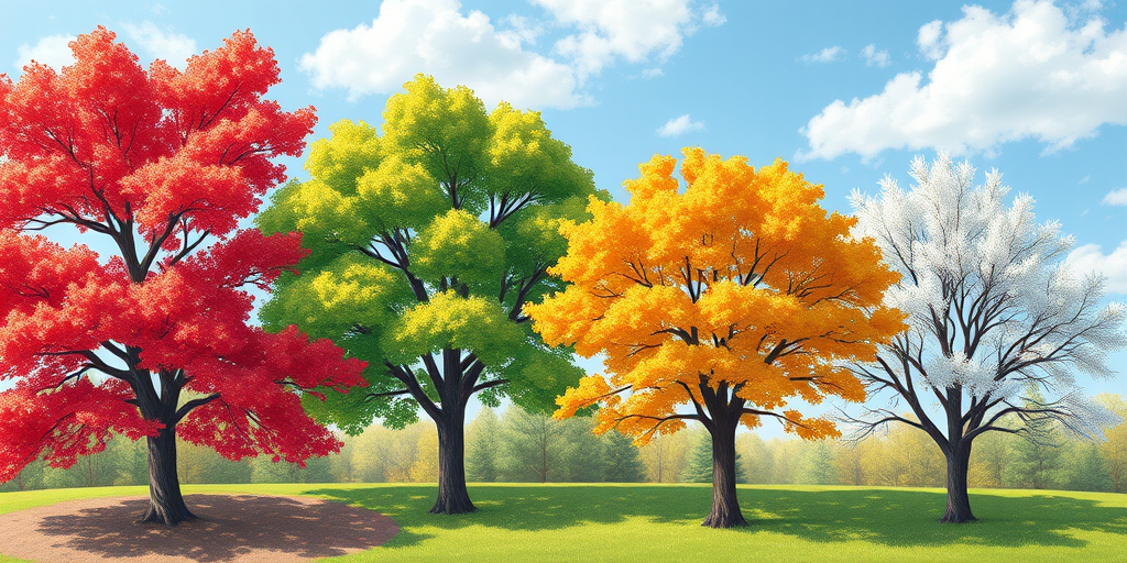 Create a vibrant illustration of four seasonal trees depicting spring, summer, autumn, and winter, using bright colors and fine details; camera settings: F/8 aperture, ISO 100, 1/125 sec shutter speed; camera view: wide angle; camera style: digital illustration; camera type: high-resolution DSLR.