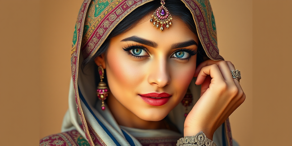 Create a portrait of a beautiful Pakistani woman with striking blue eyes and a gentle expression. She is adorned in traditional attire with intricate patterns, including a richly embroidered headscarf and matching garments. Her jewelry includes a delicate headpiece, dangling earrings, and ornate bracelets, all featuring vibrant gemstones and detailed metalwork. The background is soft and warm, enhancing the rich colors of her outfit and jewelry.