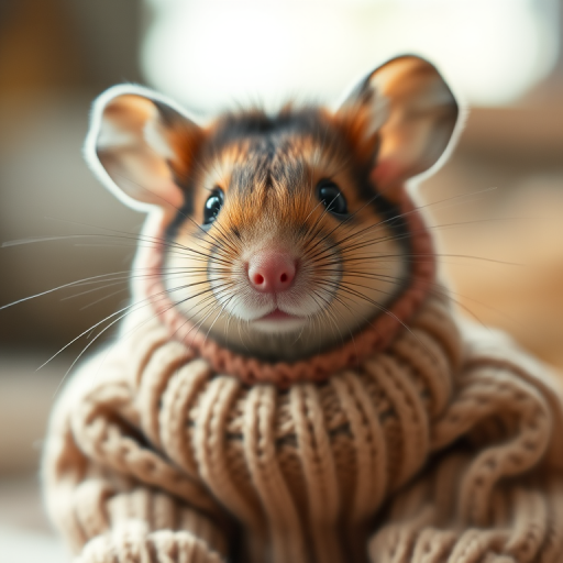 Create a high-resolution portrait of a cute mouse wearing a cozy, oversized sweater, captured with a 50mm lens at f/2.8, shallow depth of field, soft natural lighting, and a close-up view to enhance details.