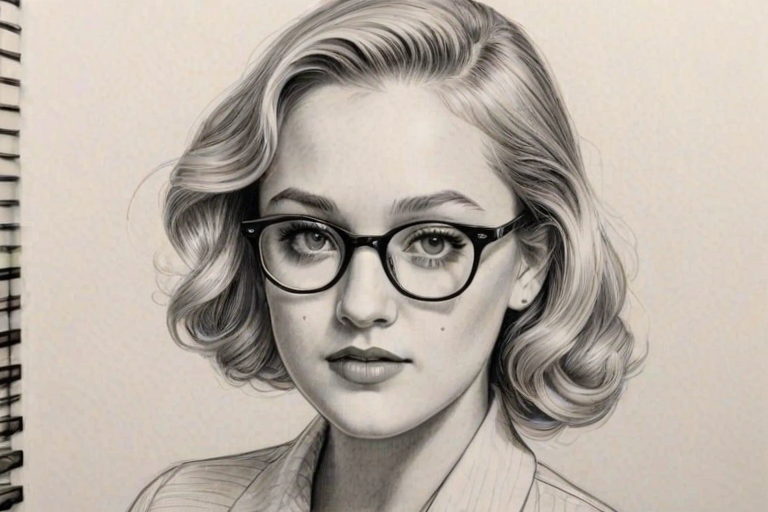 Enchanting Maika Monroe, pencil sketch, portrait of Magnificent woman 1950s in glasses, hair style beatnik, outline, clear lines, fine lines, 8k